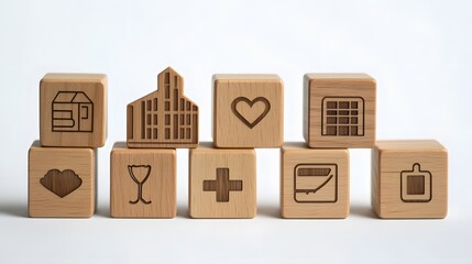 Fototapeta premium 29. A series of wooden blocks with insurance protection and health services symbols, including a hospital building and medical card