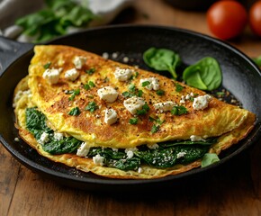Delicious Spinach and Cheese Omelette Cooked in a Black Pan Ready to Serve : Generative AI