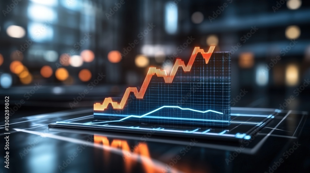 Poster laptop displaying graph chart representing financial growth and business success metrics for strateg
