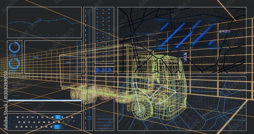 Poster digital data and graphs overlaying futuristic truck design on blueprint background