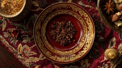 Fototapeta premium A high-resolution top-down shot of a rustic spice arrangement, deep reds and browns, elegant food styling