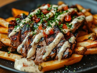 Grilled Steak on French Fries with Creamy Drizzle and Fresh Herb Garnish : Generative AI