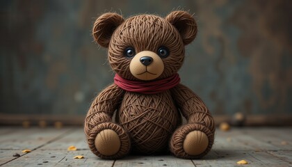 Adorable Brown Yarn Teddy Bear Toy Sitting on Wooden Floor