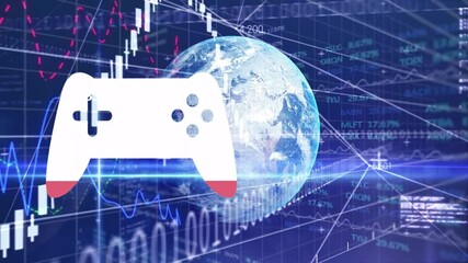 Animation of game controller icon with digital financial data and globe background - Powered by Adobe