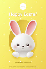 Festive Easter banner template with Cute rabbit on yellow background, Egg window. Happy easter day greeting card, rabbit, social media sale promotion poster, wallpaper. Vector