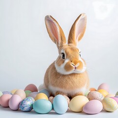 A charming Easter bunny with oversized ears and a cheerful expression sits amidst a vibrant array of decorated eggs in various pastel colors. The background is solid white, enhancing the focus on the