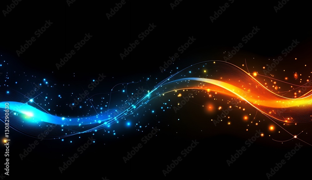 Poster dynamic blue and orange flowing waves with shimmering particles in black : generative ai