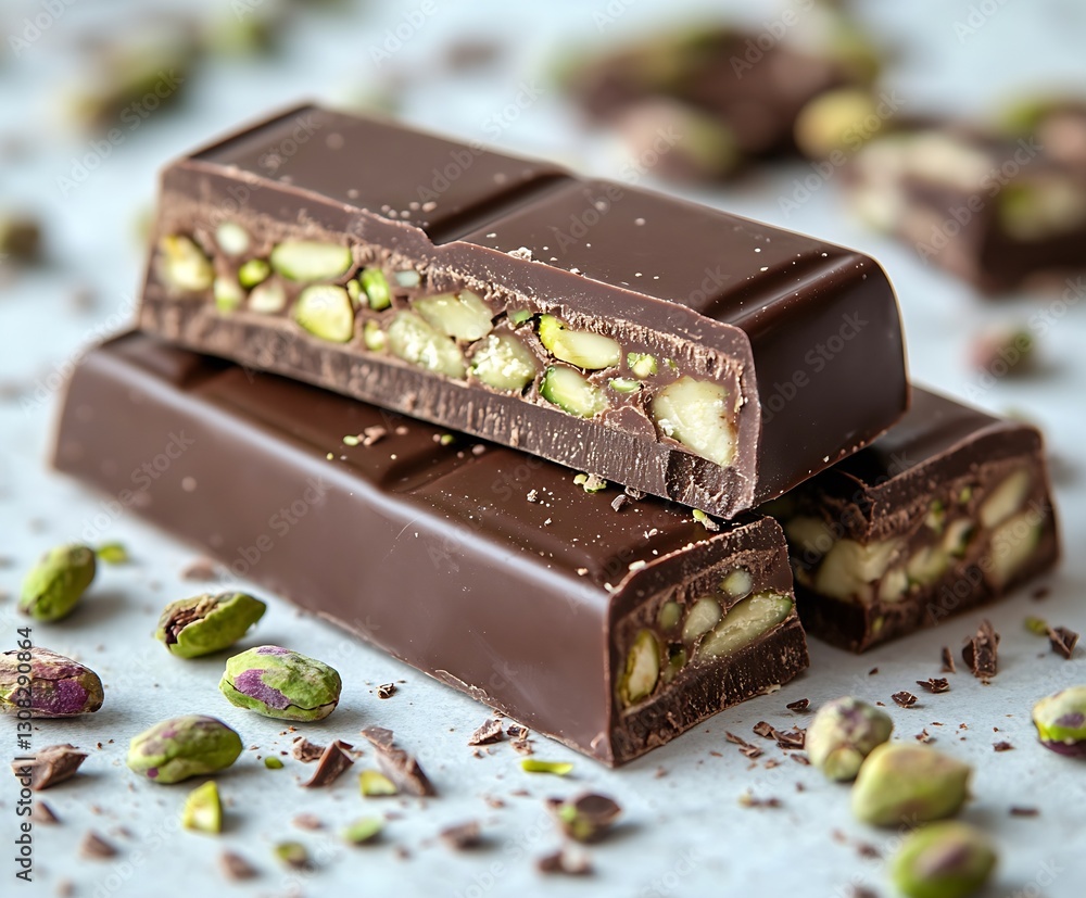 Poster delicious chocolate bars filled with pistachios and fresh nuts stacked on a table : generative ai