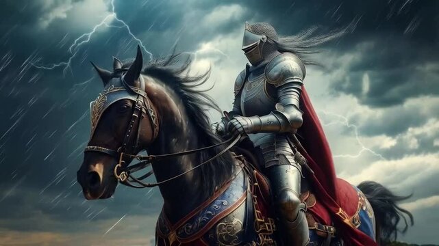 The knight mounted his horse, ready to charge into battle, the armor glinting in the sunlight as they prepared to defend the kingdom.