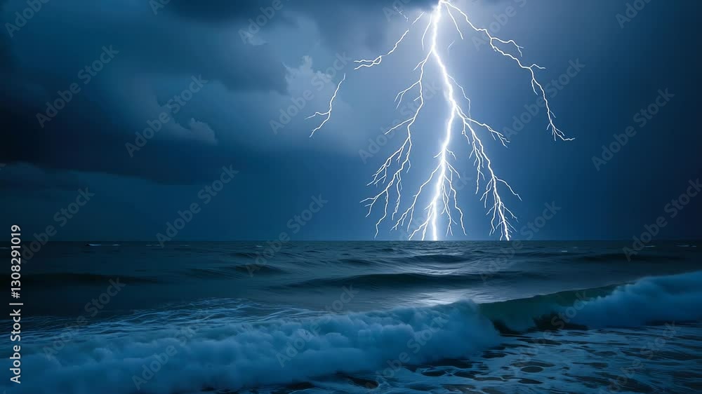 Poster lightning bolt striking the ocean during a thunderstorm creating a dramatic and powerful scene
