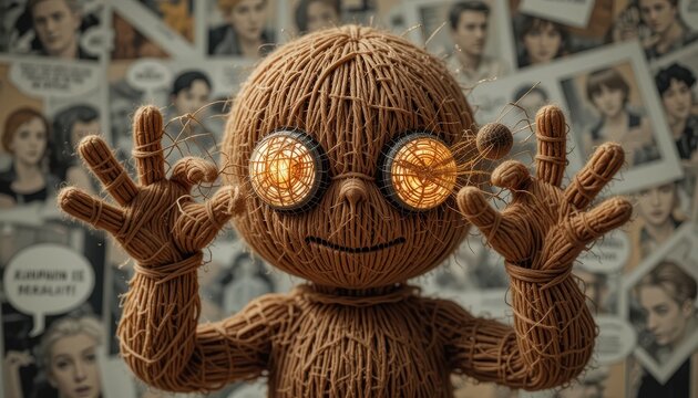 Whimsical String Puppet Character with Glowing Eyes Against Comic Book Background