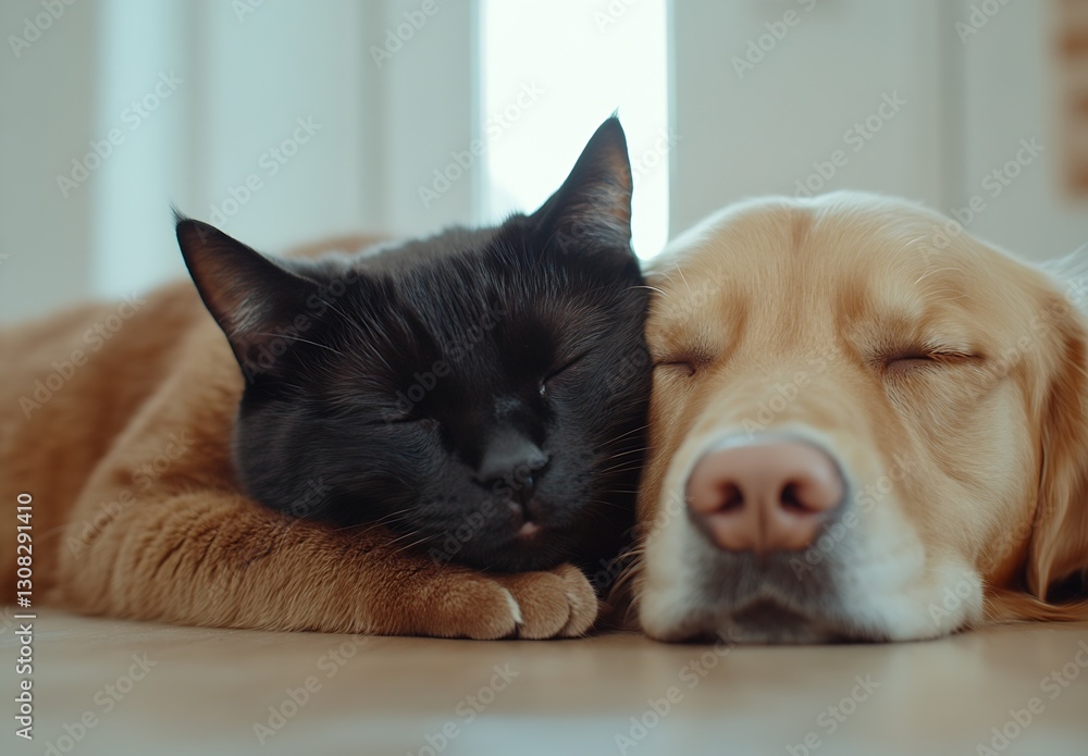 Poster adorable black cat and golden retriever dog snuggling while asleep : generative ai
