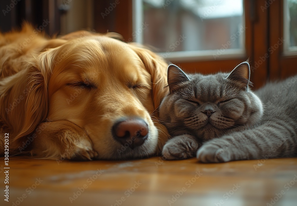 Poster golden retriever and gray cat napping together in a sunlit room with comforting ambiance : generativ