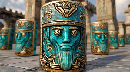 Obraz premium Teal and Gold Carved Stone Game Piece Close Up
