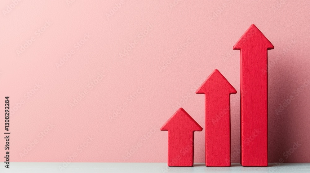 Poster a minimalistic image featuring three red upward arrows on a soft pink background, symbolizing growth