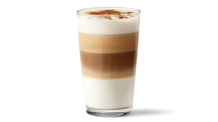 A side view of a rich and creamy latte macchiato in a heat-resistant glass, smooth gradient from coffee to milk foam, isolated on white