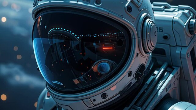  Astronaut with a reflective visor and detailed suit patches floating in space with a backdrop of a distant planet