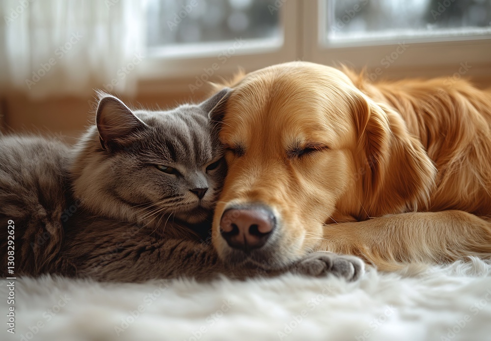 Poster adorable dog and cat snuggling together in cozy indoor setting radiating warmth and serenity : gener