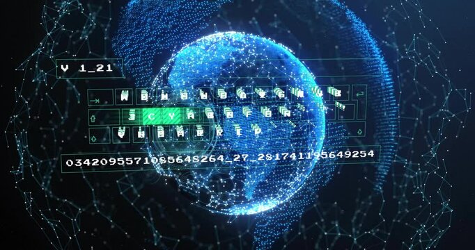 Digital globe with binary code and data processing animation overlay - Powered by Adobe