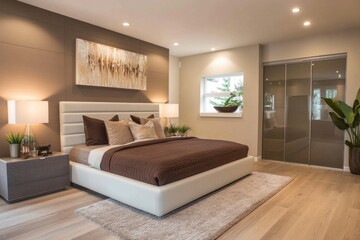 Luxurious modern bedroom with beige and brown color scheme, featuring a large bed, artwork, and sliding glass doors.