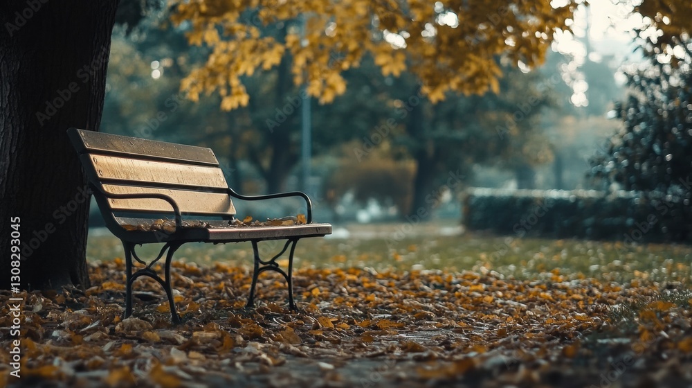Poster solitary bench beneath a tree surrounded by fallen leaves in a tranquil park during soft autumn ligh