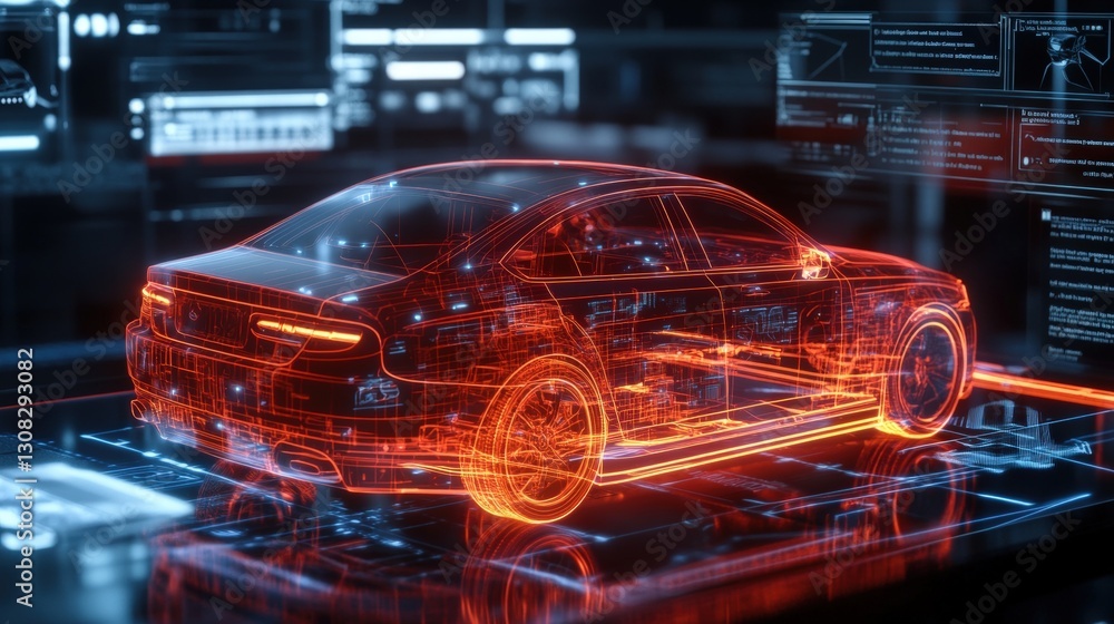 Poster futuristic car rendered on a digital interface displaying high-tech features and sleek design in a v
