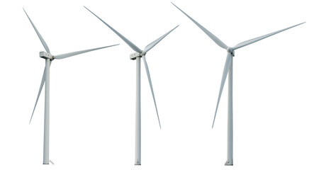  Windmills for eco energy. Three wind turbines isolated on transparency background. Windmill for...