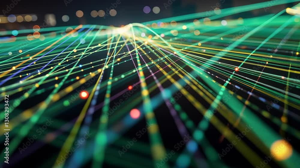Poster futuristic network of green light beams with bokeh effects in a dark setting