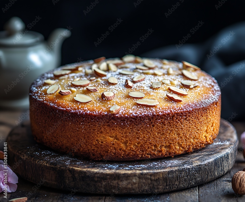Aufkleber moist almond cake topped with sliced almonds on a rustic wooden board with teapot : generative ai