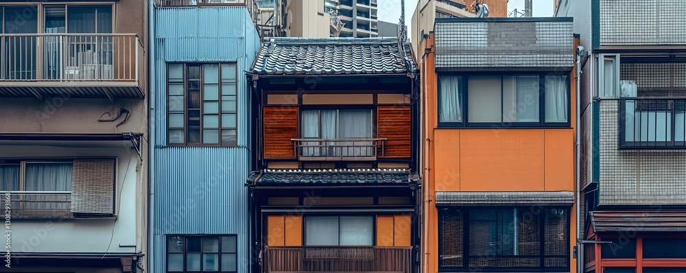 Poster a row of colorful and unique buildings in urban setting