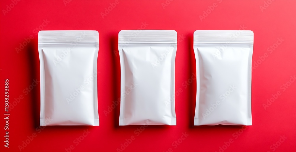 Poster three white pouches on vibrant red for eye-catching product mockup and branding : generative ai