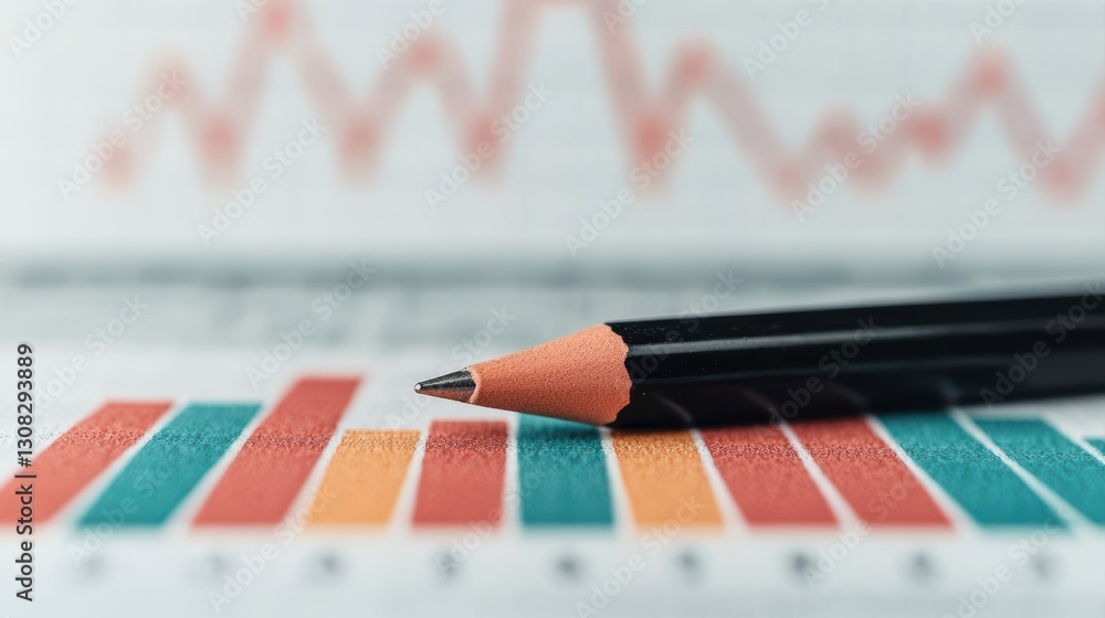 Poster a close-up of a black pencil resting on a colorful bar graph, showcasing data analysis with vibrant 