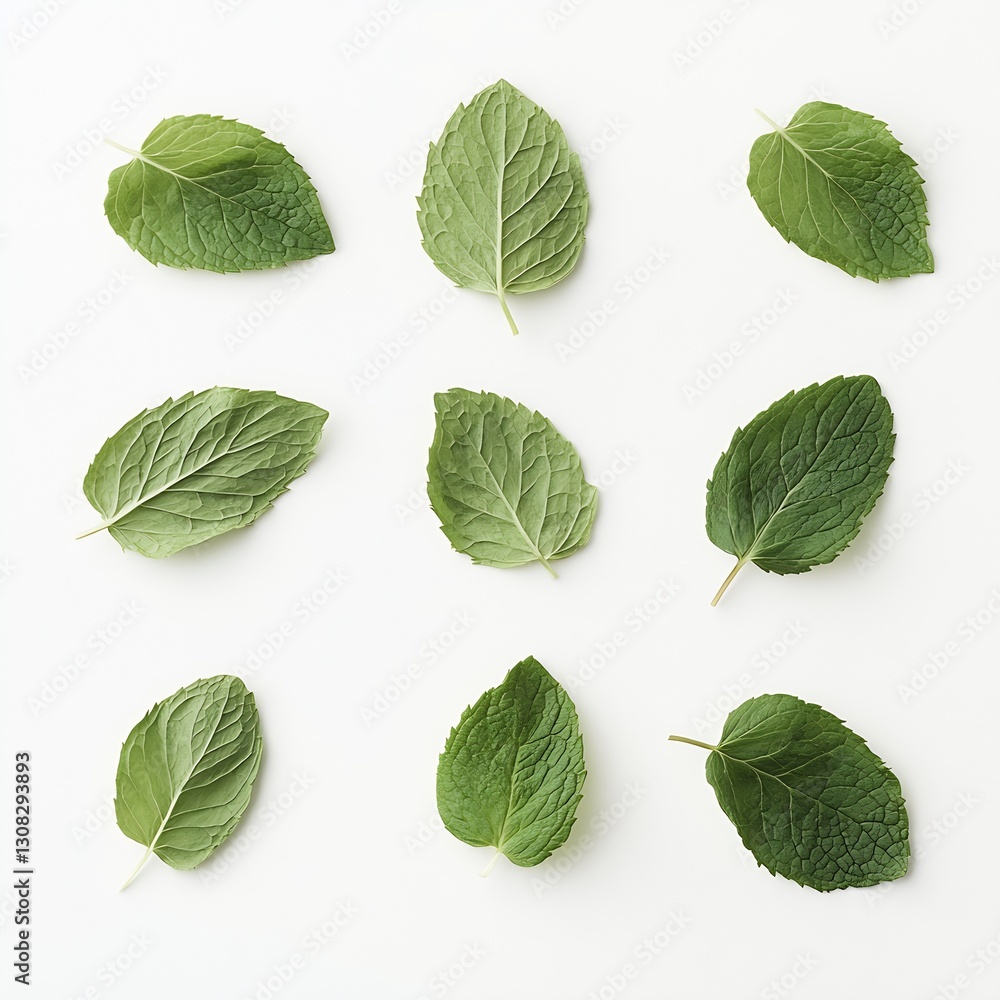 Poster Arrangement of Nine Various Types of Green Leaves Displayed on a White Background : Generative AI