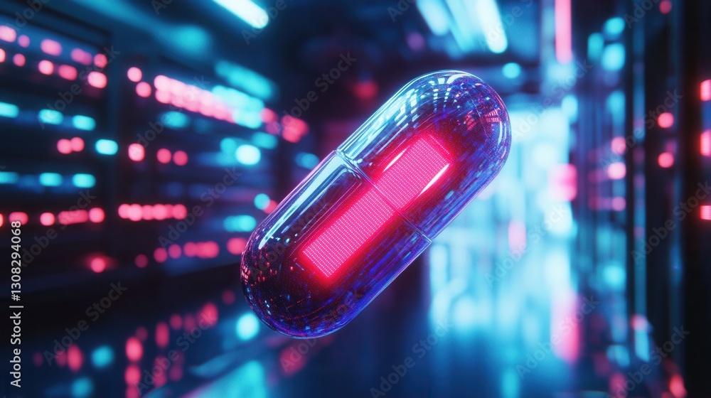 Poster floating neon cyberpunk pill in a dark void with futuristic lighting and sci fi medical aesthetics g