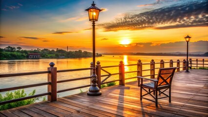 Nong Khai Sunset: Wooden Fence, Lamp Post, and Chair at Mekong River - Thailand Photography