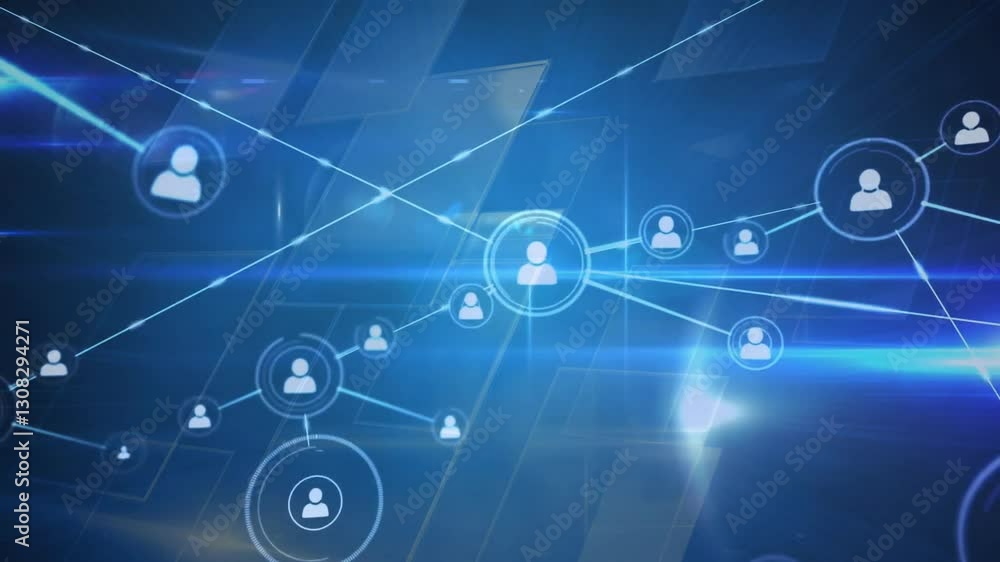 Poster network of connections and data processing animation over blue digital background