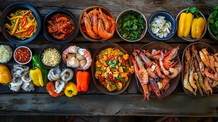 Fototapeta premium Arrangement of Seafood Dishes and Vegetables on Rustic Wooden Surface