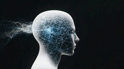 Obraz premium Futuristic AI Mind Digital Head Profile Network Connections Glowing Abstract