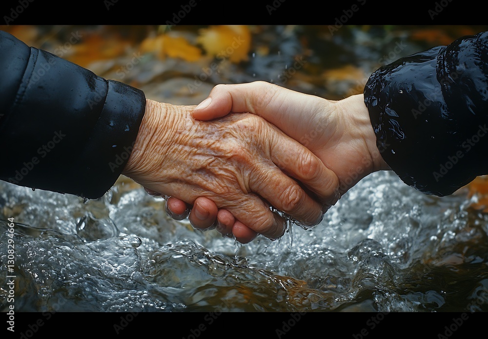 Poster elderly and young hands shaking in harmony symbolizing unity and connection against a natural backdr