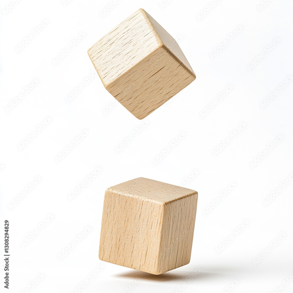 Poster two wooden blocks suspended in midair on a clean white surface representing playfulness and creativi