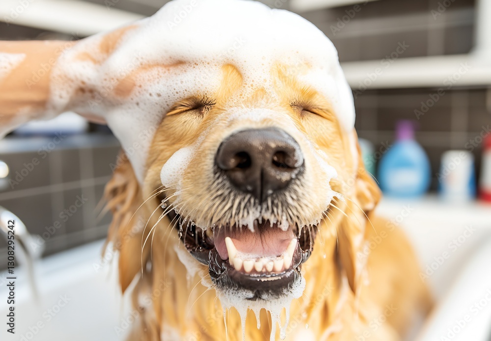 Poster happy golden retriever enjoying a relaxing bath with bubbles and foam in a bright bathroom : generat