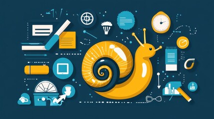 Obraz premium Colorful Illustration of a Snail Surrounded by Various Objects Representing Slow Progress and Time Management Concept in a Creative Design