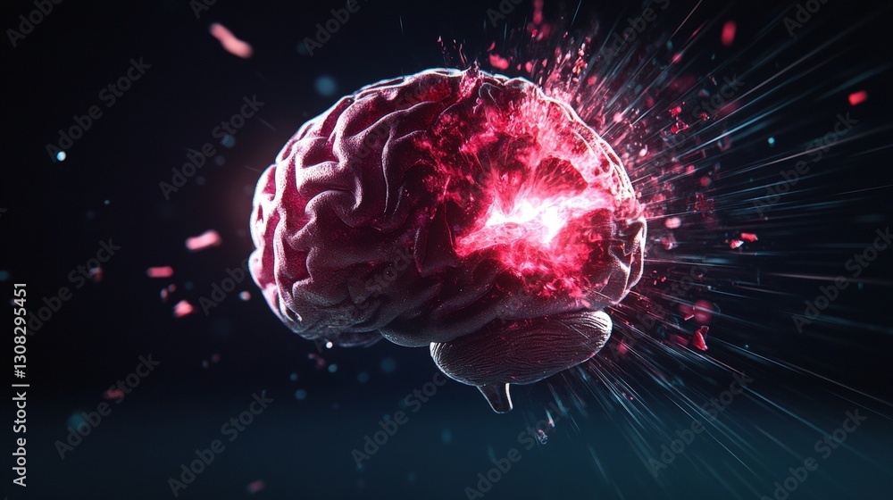 Poster intense photo realistic depiction of a brain exploding with dynamic colors representing the power of