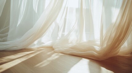 Soft Sheer Curtains Gently Flowing in the Warm Sunlight Creating a Serene Atmosphere in a Cozy Living Space