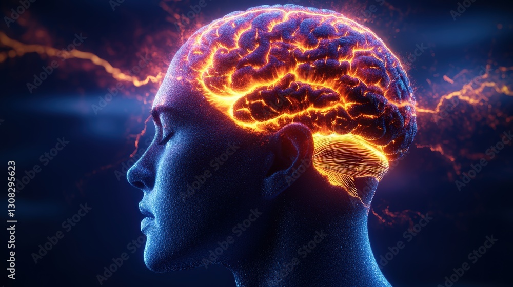 Poster fascinating photo realistic image of a human head with fiery brain symbolizing intense emotion and c