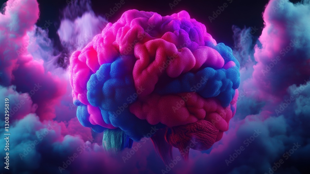 Poster enigmatic photo realistic representation of a brain floating in the clouds symbolizing dreams and cr