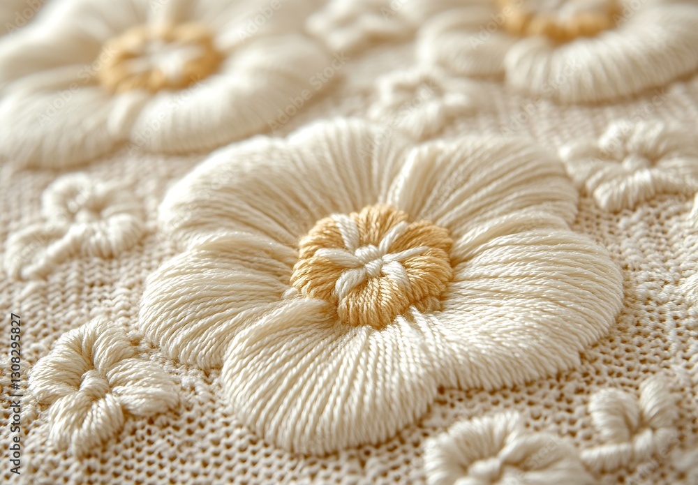 Aufkleber intricate close-up view of beautiful cream embroidery with floral patterns on fabric : generative ai