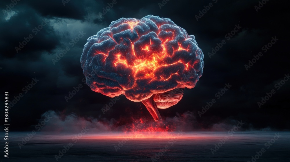 Poster powerful photo realistic image of a brain exploding with vivid colors representing the burst of crea