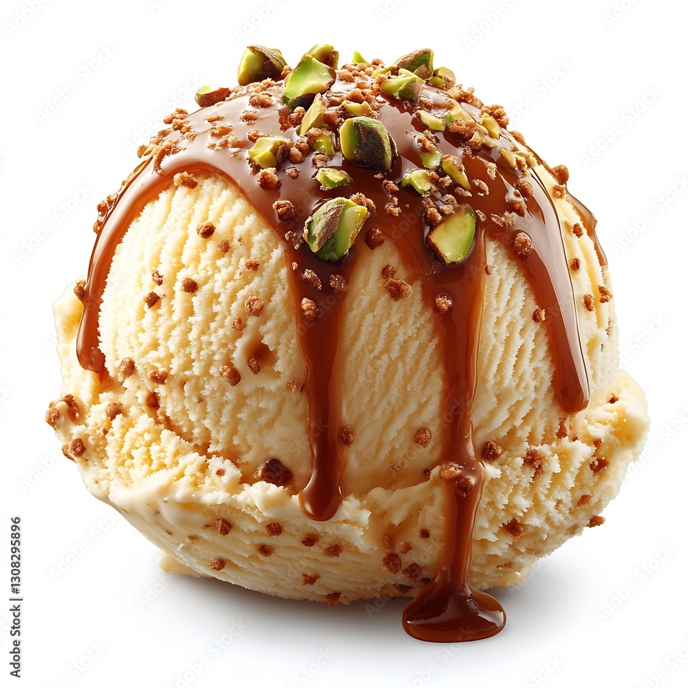 Poster exquisite scoop of vanilla ice cream with caramel and pistachios : generative ai