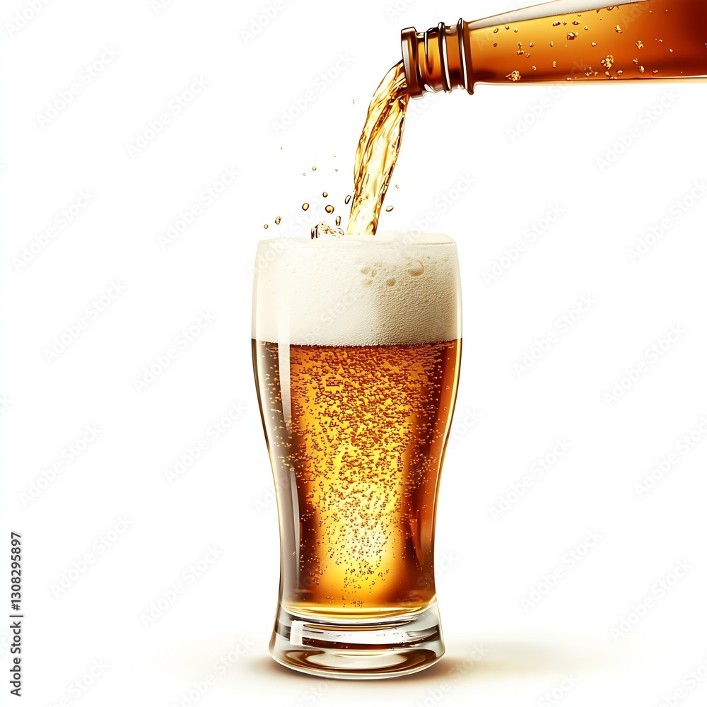 Poster Pouring golden beer into a glass creating bubbles and foam for a refreshing drink : Generative AI
